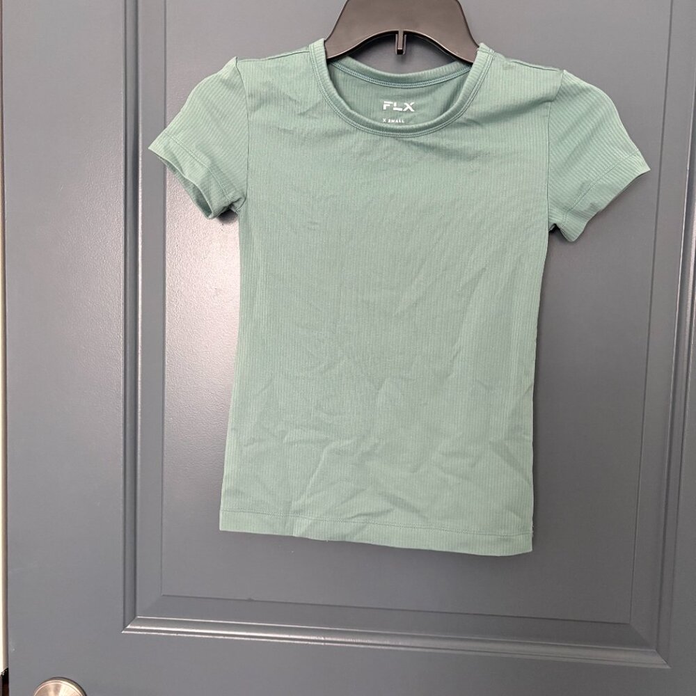 FLX women's green ribbed workout/or layering shirt. x small